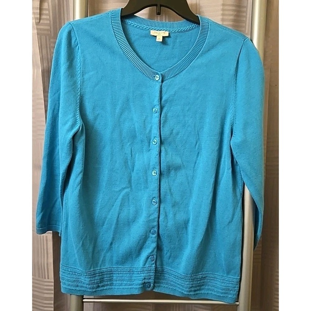 Talbots Womens Cardigan Sweater Medium Turquoise Teal‎ Blue Button Up 3/4 Sleeve